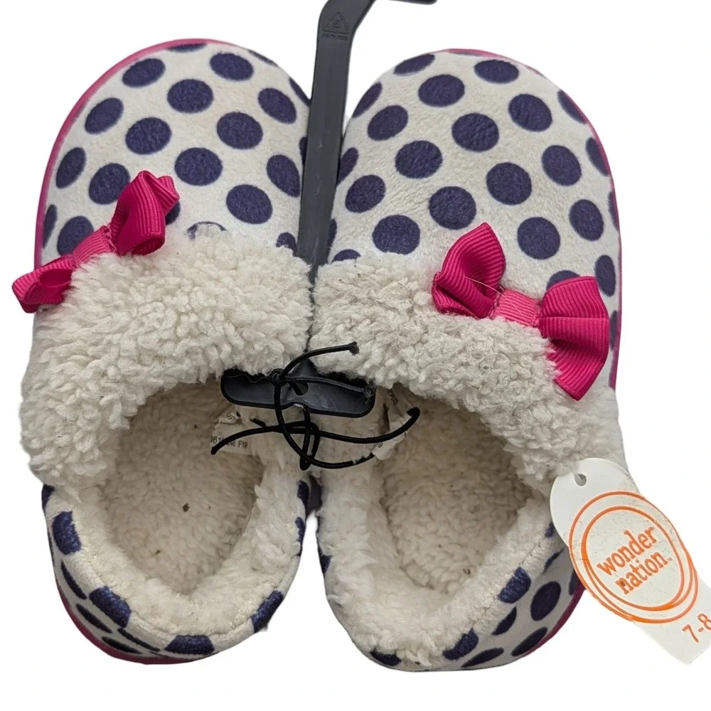 Wonder Nation Polka Dot Slippers Navy Pink Faux Fur Bow Size 7-8 Kids House Shoe